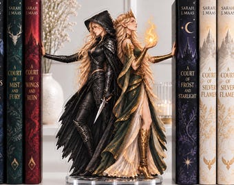 May include: A double-sided acrylic standee featuring two fantasy figures standing back-to-back between five books by Sarah J. Maas. One figure wears a black hooded outfit with a dagger, while the other wears a green and gold gown holding a flame.