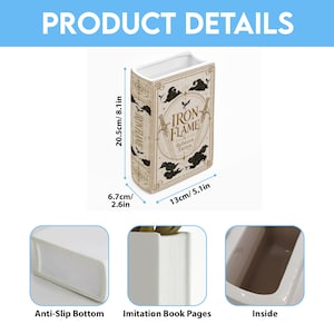 May include: A white ceramic book-shaped vase featuring the title Iron Flame by Rebecca Yarros with gold and black graphic details. It measures 8.1 inches high, 5.1 inches wide, and 2.6 inches deep, with an anti-slip bottom and hollow interior.