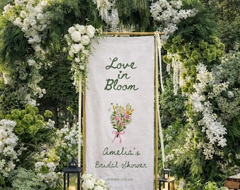 Bannière nuptiale amour en fleurs, plaque de bienvenue florale personnalisée, décoration de douche personnalisée pour la mariée, toile de fond garden-party