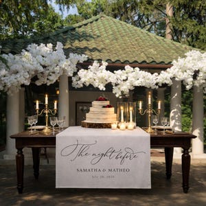 May include: A wedding reception table is set with a three-tiered cake, candles, and floral arrangements. A linen table runner reads "The night before" with the names Samatha & Matheo and the date July 20, 2026.