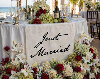 Just Married Table Runner, Romantic Wedding Reception Decor, Cotton Linen Blend Sign