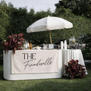 Personalized Wedding Bar Banner, Custom Last Name Fabric Sign, Drink Station Decor, Outdoor Reception Bar Backdrop image 1