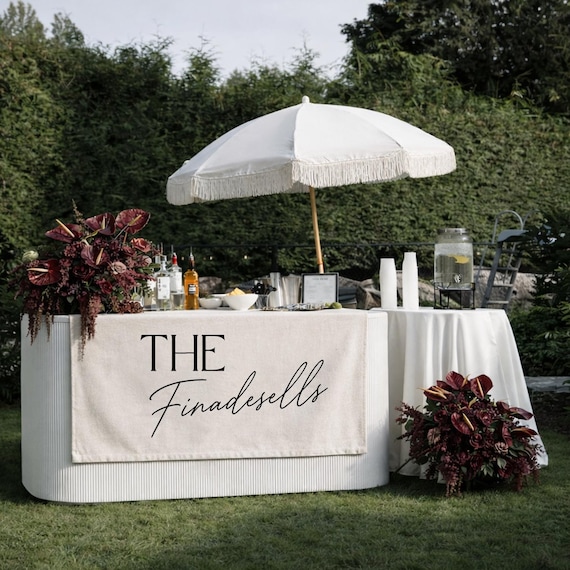 Personalized Wedding Bar Banner, Custom Last Name Fabric Sign, Drink Station Decor, Outdoor Reception Bar Backdrop