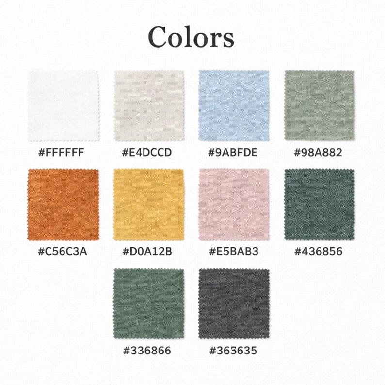 May include: A color palette chart titled Colors featuring ten square fabric swatches with pinked edges. The colors include white #FFFFFF, off-white #E4DCCD, light blue #9ABFDE, sage green #98A882, orange #C56C3A, yellow #D0A12B, light pink #E5BAB3, dark green #436856, forest green #336866, and dark gray #363635.