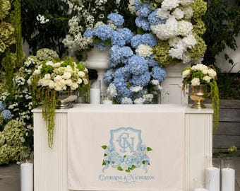 Personalized Wedding Sweetheart Table Banner, Custom Monogram Reception Sign, Blue Hydrangea Wedding Linen Tapestry