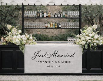 Wedding Table Runner Just Married, Personalized Last Name Sign, Custom Linen Wedding Banner, Party Reception Gift
