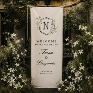 Custom Wedding Welcome Banner, Monogram Crest Floral Linen Backdrop Sign
