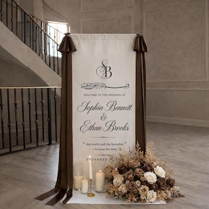 May include: A wedding welcome sign with brown ribbons and floral arrangements. The sign reads "Welcome to the Wedding of Sophia Bennett & Ethan Brooks" with the date December 11, 2026.