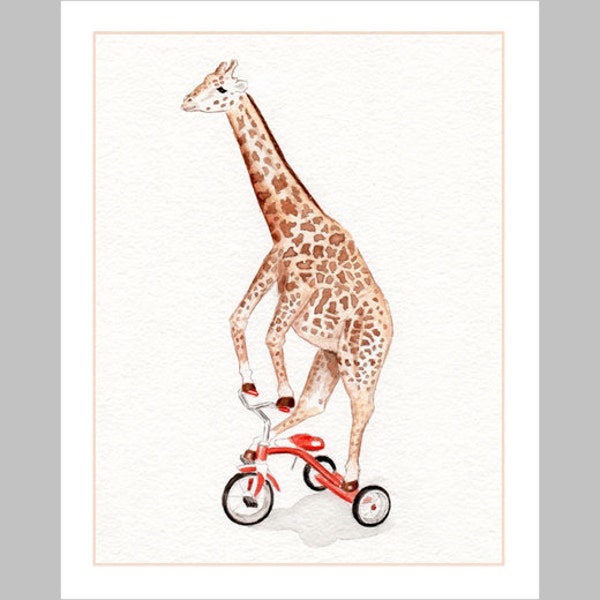 Kids room wall art Giraffe on Tricycle - 8x10 - Bicycle art Funny Childrens art