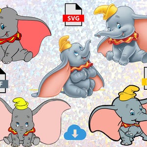 May include: A collection of cartoon illustrations of Dumbo the elephant in various poses. Each Dumbo is gray with large pink ears, a yellow hat, and a red and yellow ruffled collar. The image includes SVG, PDF, PNG file type icons, and a download icon.