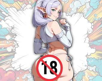 May include: Anime-style illustration of a female character with pointed ears, wearing a white sweater and underwear. The image has a comic book style background with a red circle and the number 18 crossed out.
