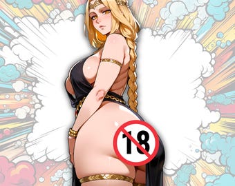 May include: An illustration of a woman with long blonde hair wearing a black dress and gold jewelry. The image has a comic book style background with a red circle with the number 18 in it.