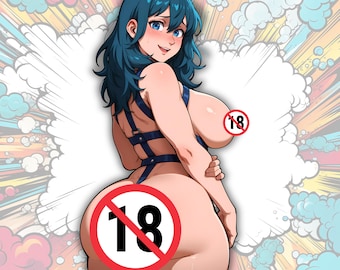 Puede incluir: Ilustración de estilo anime de una mujer con cabello verde azulado y ojos azules, usando un arnés azul oscuro. La imagen tiene un fondo de estilo cómic con un círculo rojo con el número 18 en el pecho y las nalgas.