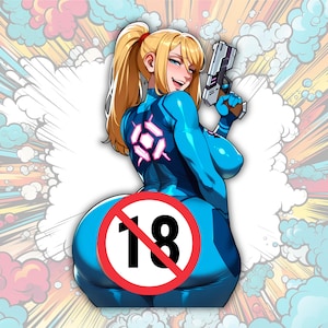 May include: Illustration of a female character in a blue bodysuit, holding a futuristic gun. The character has blonde hair in a ponytail and is smiling. A red circle with the number 18 and a line through it is in the image. The background has comic book style effects.