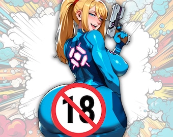 May include: Illustration of a female character in a blue bodysuit, holding a futuristic gun. The character has blonde hair in a ponytail and is smiling. A red circle with the number 18 and a line through it is in the image. The background has comic book style effects.