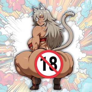 May include: Cartoon illustration of a cat-eared character with tan skin, wearing a red bandeau and black underwear. The character has long gray hair and a tail. A red circle with the number 18 and a slash through it is in the foreground.