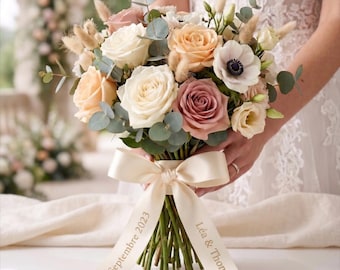 Ruban de Bouquet de Mariée Personnalisé en Satin – Prénoms et Date de Mariage | Ruban Imprimé pour Bouquet de Fleurs
