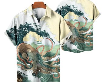 Oktopus Welle Hawaiihemd Japanische Ozean Kunst Aloha Shirt Seemonster Button Up Sommer Strand Shirt Geschenk für Männer Retro Surf Urlaub Top