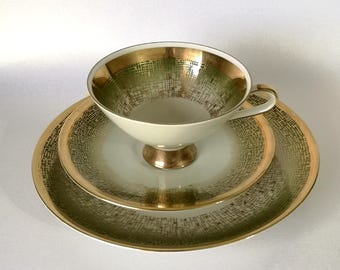 Winterling Bavaria Tea Set Trio Green Gold MCM Cup Saucer Germany