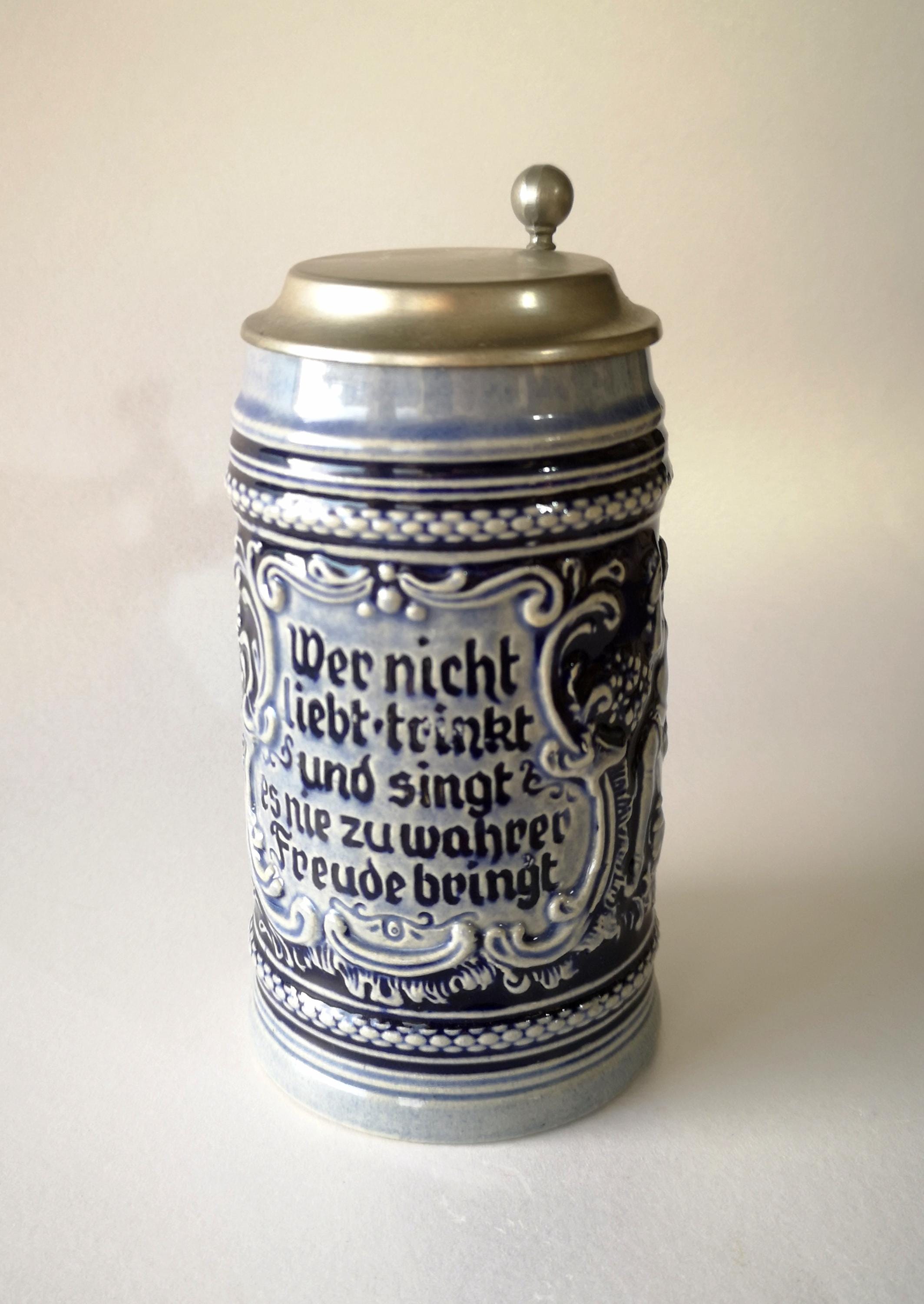 Vintage German Beer Stein With Pewter Lid, Relief Drinking Scene