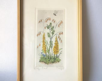 Original Botanical Etching Signed Berges, Hand Colored WildflowersColored Wildflowers & Bee, Vintage German Floral Art, Framed