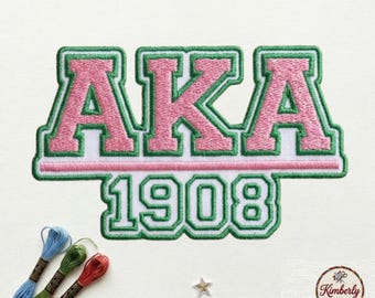 AKA Alpha Kappa Alpha 1908 Patch, Pink and Green Classic Block Letter Sorority Embroidered Iron On Badge, HBCU Greek Life Applique Gear
