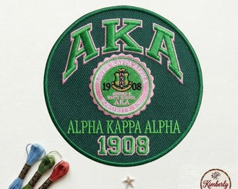 AKA Alpha Kappa Alpha 1908 Patch, Pink and Green Classic Block Letter Sorority Embroidered Iron On Badge, HBCU Greek Life Applique Gear