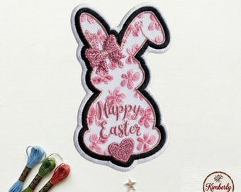 Pink Floral Happy Easter Bunny Patch, Cute Spring Flower Rabbit Embroidered Iron On Badge, Coquette Aesthetic Holiday Applique for Bags