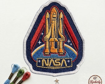 NASA Space Shuttle Discovery Embroidered Patch, Gold Rocket Launch Badge, Vintage NASA Worm Logo Iron On Patch for Jackets