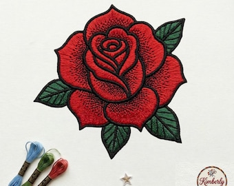 Red Rose Embroidered Patch, Traditional Tattoo Style Flower Badge, Iron On Patch for Denim Jackets Bags, Romantic Floral Gift, DIY Applique