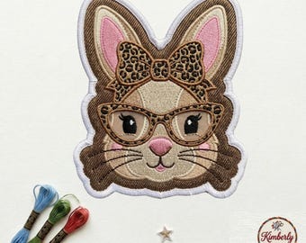 Glasses Bunny with Leopard Bow Patch, Cute Academic Hare Embroidered Iron On Badge, Leopard Print Glass Applique for Bags Jackets
