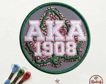 AKA Alpha Kappa Alpha 1908 Patch, Leopard Print Ivy Leaf Sorority Embroidered Iron On Badge, Pink and Green Greek Applique for Jackets