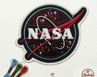 NASA Meatball Logo Embroidered Patch, Dark Maroon and Black Space Agency Badge, Iron On Patch for Denim Jackets