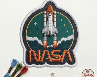 NASA Space Shuttle Embroidered Patch, Retro NASA Logo Rocket Launch Badge, Teal and Orange Outer Space Iron On Patch, Galaxy Explorer Gift