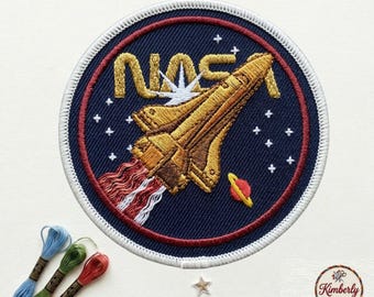 NASA Space Shuttle Embroidered Patch, Retro Gold NASA Logo Rocket Badge, Outer Space Astronaut Iron On Patch, Galaxy Explorer Gift for Him