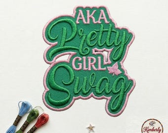 AKA Pretty Girl Swag Embroidered Patch, Alpha Kappa Alpha Sorority Pink and Green Ivy Leaf Badge, Iron On Patch for Jackets Bags, Greek Gift