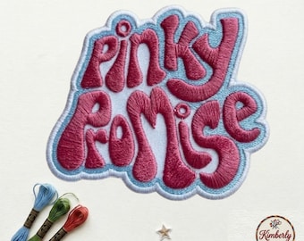 Pinky Promise Embroidered Patch, Retro Groovy Pink and Blue Lettering Badge, Iron On Patch for Jackets Bags, Cute Best Friend Gift