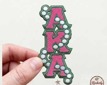 AKA Vertical Pearl Patch, Alpha Kappa Alpha Salmon Pink and Green Sorority Embroidered Iron On Badge, Luxury Ivy Greek Letter Applique