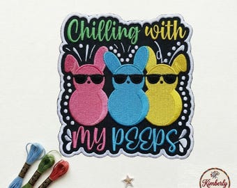 Chilling With My Peeps Patch, Funny Easter Marshmallow Bunny Embroidered Iron On Badge, Cool Neon Holiday Applique for Jackets Bags