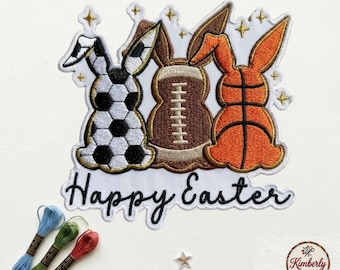 Happy Easter Sports Bunny Patch, Soccer Football Basketball Embroidered Iron On Badge, Athletic Holiday Applique for Jackets Backpacks