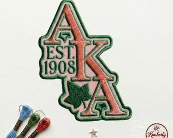 AKA Alpha Kappa Alpha Est 1908 Patch, Pink and Green Ivy Leaf Sorority Embroidered Iron On Badge, Historic Greek Letter Applique for Gear