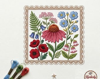 Wildflower Garden Embroidered Patch, Floral Meadow Square Badge with Scalloped Edge, Iron On Nature Patch for Jackets Bags