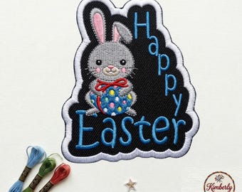 Happy Easter Bunny Patch, Cute Gray Rabbit Holding Blue Egg Embroidered Iron On Badge, Festive Holiday Applique for Bags Jackets