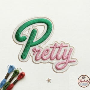 Pretty Script Patch, Pink and Green Sorority Inspired Embroidered Iron On Badge, Girly Cursive Applique for Jackets Backpacks Bags