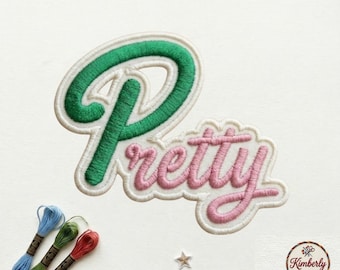 Pretty Script Patch, Pink and Green Sorority Inspired Embroidered Iron On Badge, Girly Cursive Applique for Jackets Backpacks Bags
