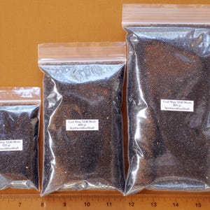 May include: Three clear plastic bags filled with dark, granular material, each labeled with weight and "Coal Slag 12:40 Mesh." The bags are arranged from smallest to largest, with weights of 100g, 400g, and 800g. A ruler is at the bottom.