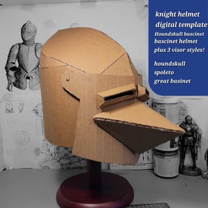 May include: A cardboard knight helmet template, featuring a Houndskull bascinet design with three visor styles. The text on the image reads "knight helmet digital template" and lists various helmet styles. The helmet is mounted on a dark red stand.