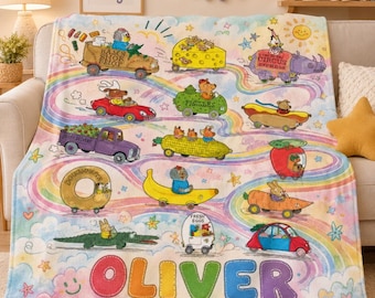 Custom Name Pastel Rainbow Busy Town Blanket Cute Richard Scarry Baby Blanket Whimsical Soft Minky Swaddle Gift Aesthetic Bedding Decor