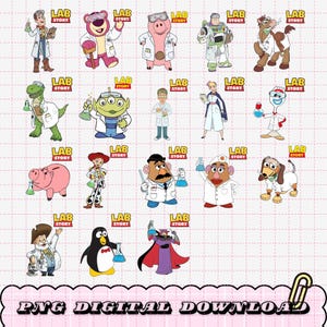 Puede incluir: Una colección de personajes de dibujos animados vestidos como científicos, cada uno con equipo de laboratorio. Los personajes incluyen un oso, un cerdo, un extraterrestre y otros, todos con batas de laboratorio. El texto "LAB STORY" está encima de cada personaje. La parte inferior de la imagen dice "PNG DIGITAL DOWNLOAD".