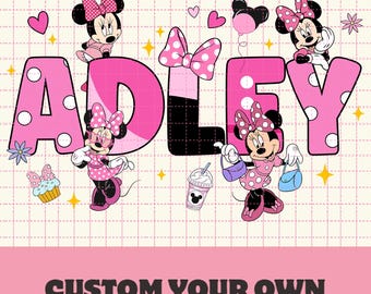 Download PNG personalizado com nome da Minnie Mouse para aniversário, PNG personalizado para aniversário na Disneyland, PNG para download digital de viagem de aniversário da Minnie para meninas.